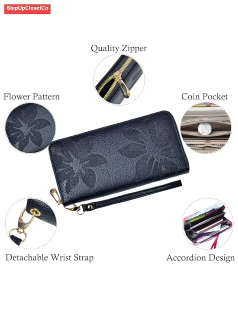 Floral Vegan Leather RFID Wristlet Wallet for Women Zip Around Clutch Purse